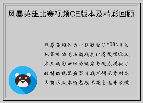 风暴英雄比赛视频CE版本及精彩回顾