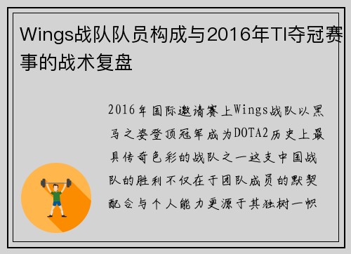Wings战队队员构成与2016年TI夺冠赛事的战术复盘