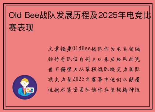 Old Bee战队发展历程及2025年电竞比赛表现